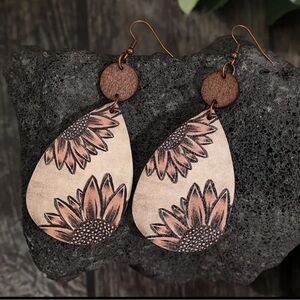 Droplet Shape Sunflower Print Dangle Earrings Bohemian- Wooden Jewelry Trendy